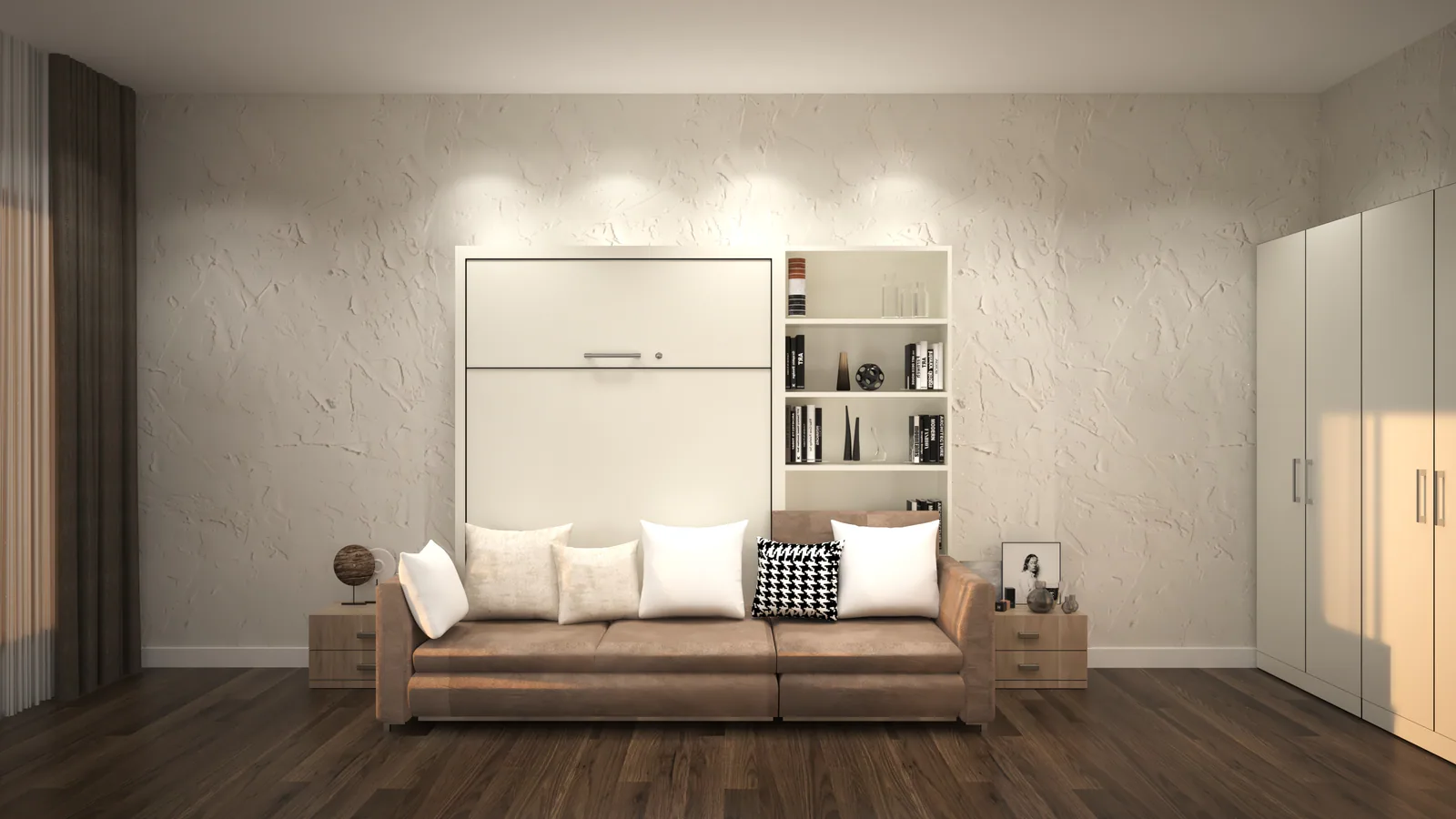 Design concept of a compact room in daytime sofa mode with the wall bed closed.